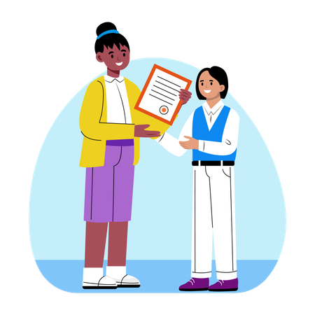 Girl taking graduation certificate in award ceremony from teacher  Illustration