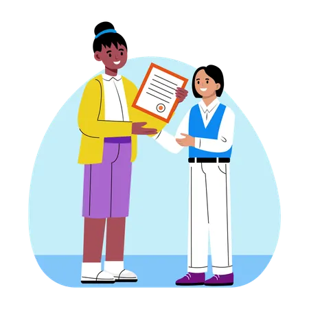 Girl taking graduation certificate in award ceremony from teacher  Illustration
