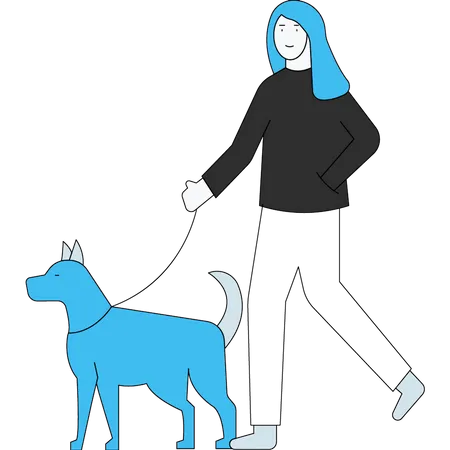 The Girl Is Taking Her Pet Dog For A Walk Illustration