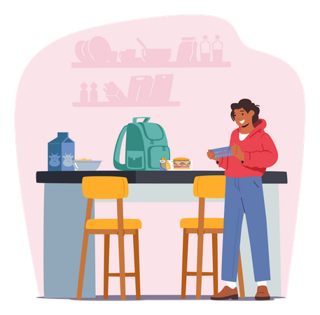 Girl taking lunch from kitchen while going to school Illustration
