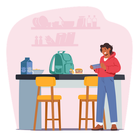 Girl taking lunch from kitchen while going to school  Illustration