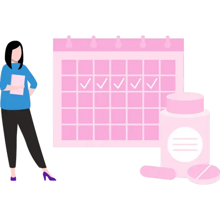 The Girl Is Taking Medicine According To The Calendar Dates Illustration