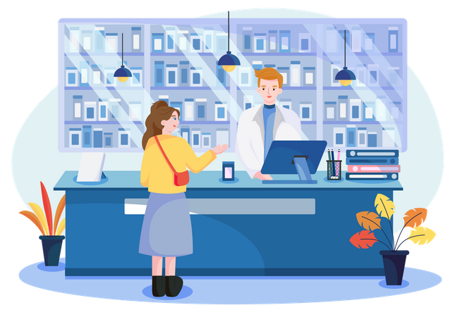 Girl taking medicine from drug store Illustration