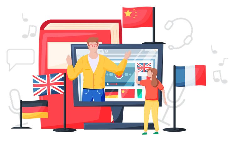 Girl taking online language classes  Illustration