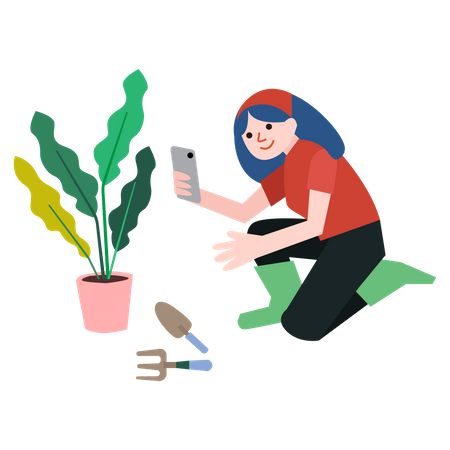 Girl taking photo of plant Illustration