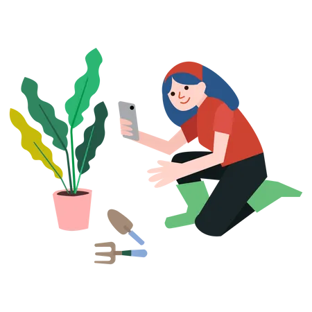 Girl taking photo of plant  イラスト