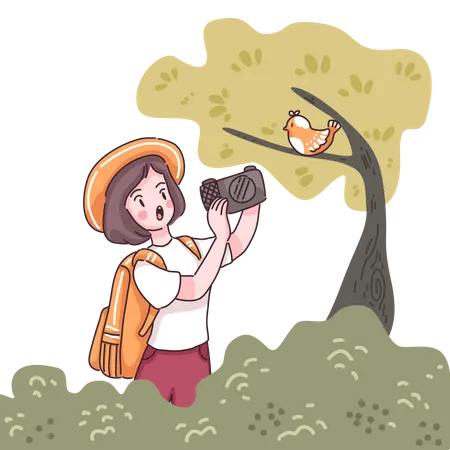 Girl taking picture of bird while trekking Illustration