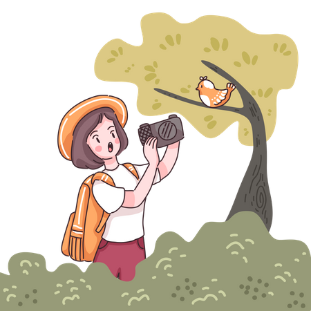 Girl taking picture of bird while trekking  Illustration