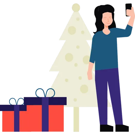 Girl taking pictures with Christmas tree  Illustration
