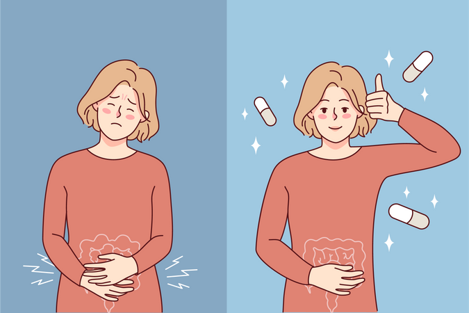 Girl taking pill for stomach pain  Illustration