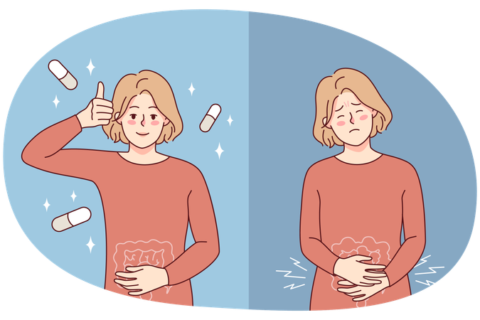 복통으로 약을 먹는 소녀  일러스트레이션