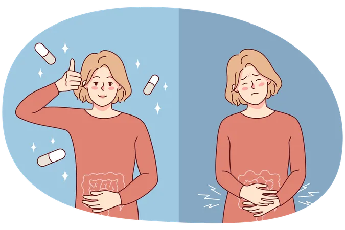 복통으로 약을 먹는 소녀  일러스트레이션