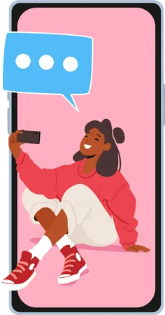 Fashionable Girl Teenager Making Selfie And Chat By Smartphone Young Woman Character Posing And Photographing On Mobile Phone Camera For Posting Pictures In Internet Cartoon Vector Illustration 일러스트레이션