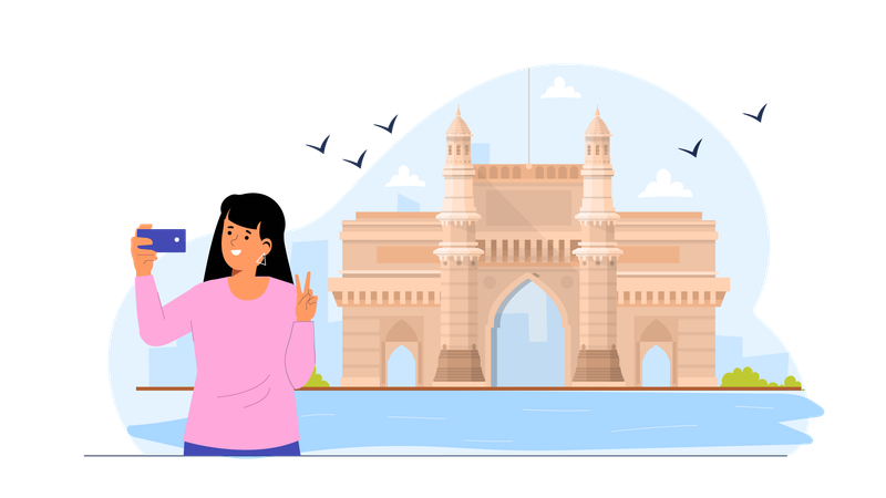 Girl taking selfie at Taj Mahal  Illustration