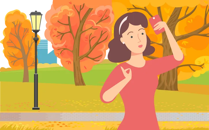 Girl taking selfie during autumn fall  Illustration