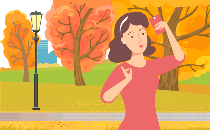 Girl taking selfie during autumn fall  Illustration