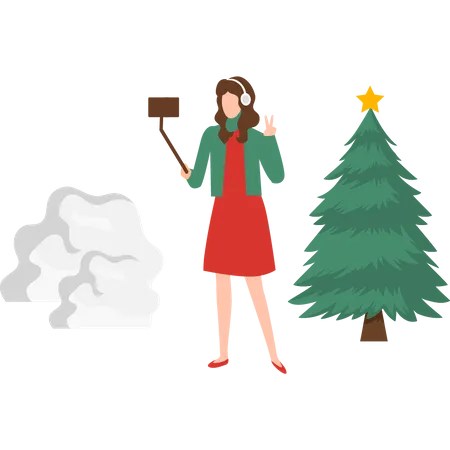 Girl taking selfie during Christmas  Illustration