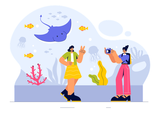 水族館の中で自撮りをする女の子  イラスト