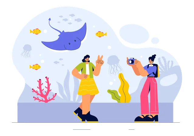 水族館の中で自撮りをする女の子  イラスト