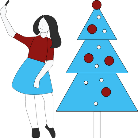 Girl taking selfie with Christmas tree Illustration