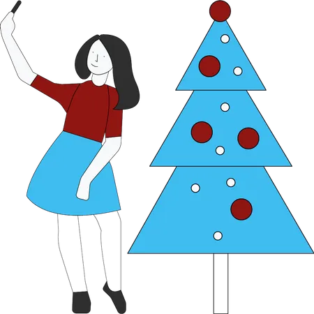 Girl taking selfie with Christmas tree  Illustration