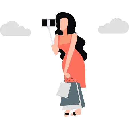 Girl taking selfie with her shopping bag  イラスト