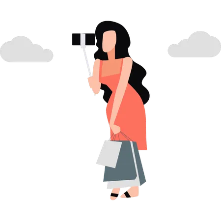 Girl taking selfie with her shopping bag  Illustration