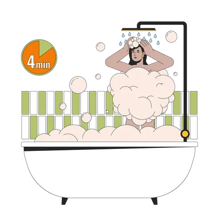 Taking Shorter Shower Line Cartoon Flat Illustration South Asian Bathtub Woman 2 D Lineart Character Isolated On White Background Reduce Electricity Usage Water Conservation Scene Vector Color Image Illustration