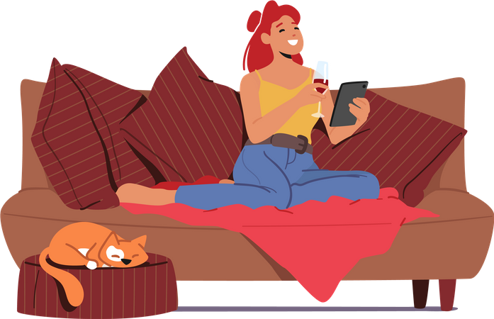 Girl talk online via video call while sitting on sofa  Illustration