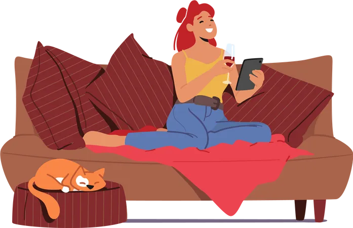 Girl talk online via video call while sitting on sofa Illustration