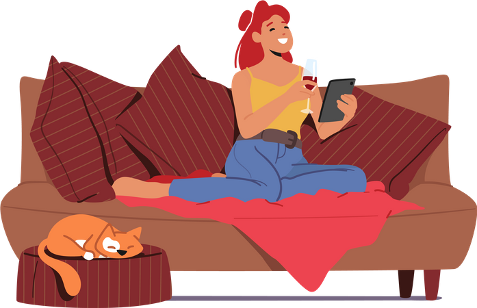 Girl talk online via video call while sitting on sofa  Illustration