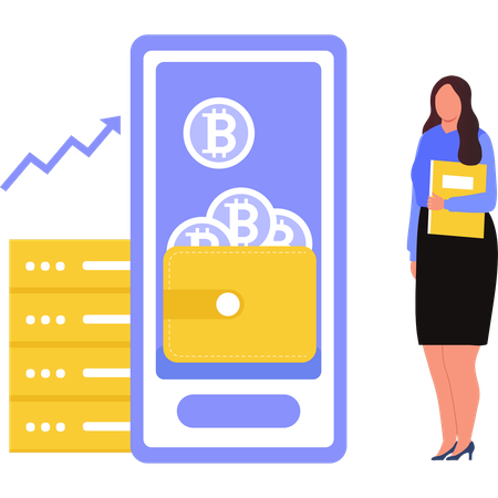 Girl talking about bitcoin on mobile  Illustration