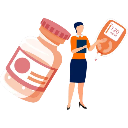 Girl talking about glucometer and insulin jar  Illustration