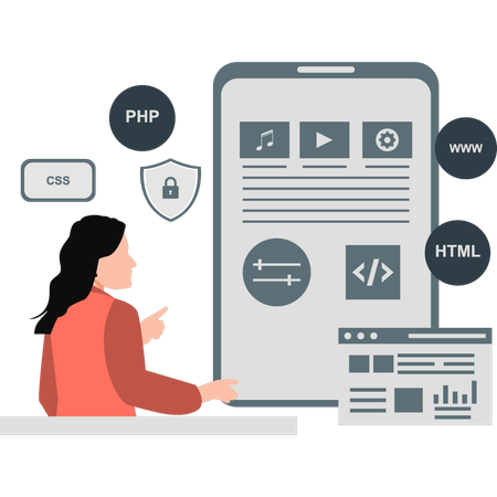 Girl talking about web page and according to PHP HTML security  Illustration