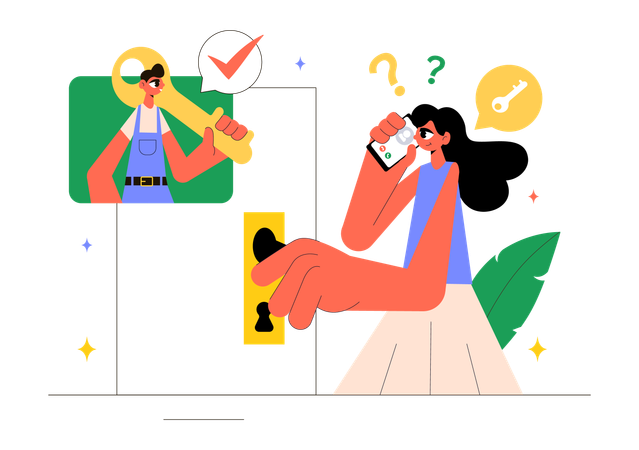 Girl talking on call with repair man for Locksmith Service  Illustration