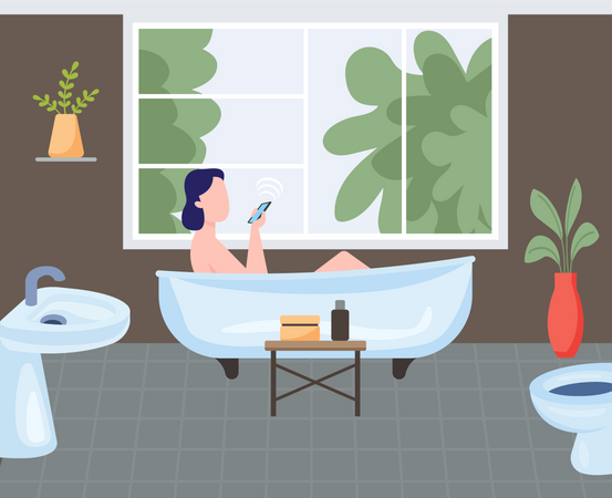 Girl talking on mobile during bath Illustration