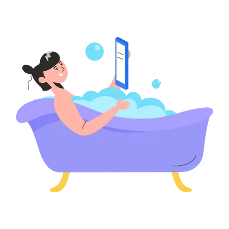 Girl Talking on mobile during Bath  Illustration