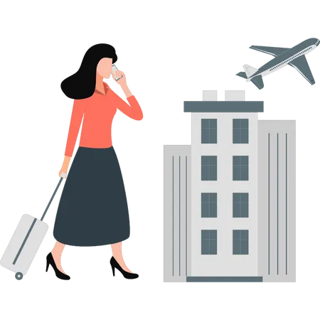 Girl talking on mobile while going business trip  Illustration