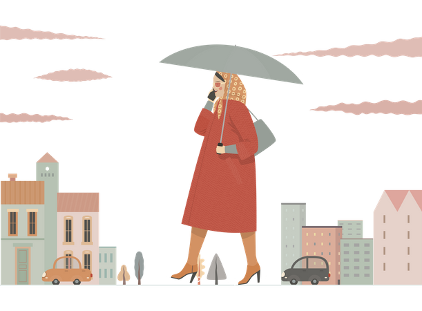 Girl talking on mobile while holding umbrella Illustration