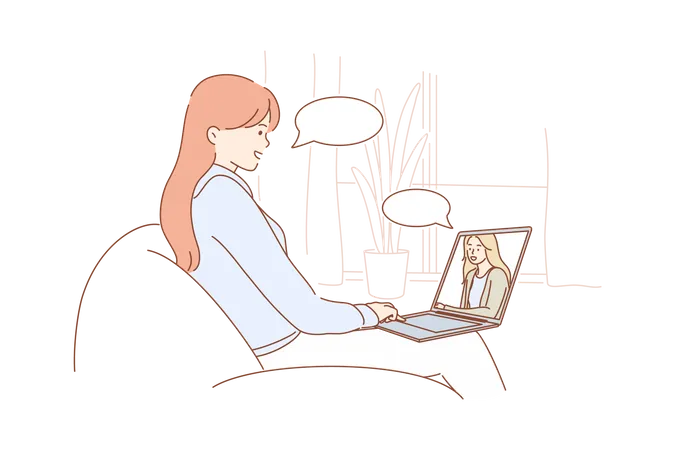 Girl talking on video call with her mother  イラスト