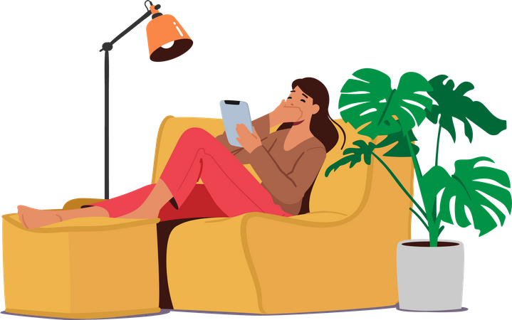 Girl talking online while sitting on couch  Illustration