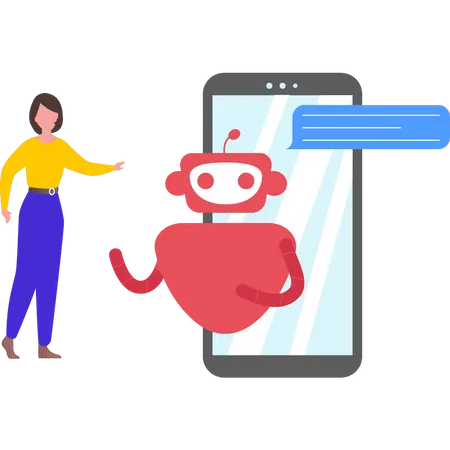 The Girl Is Talking To The Robot On The Mobile Illustration