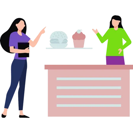 Girl talking to teacher of tuck shop  Illustration