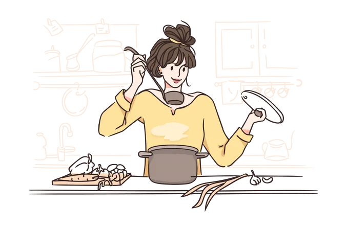 Girl tasting food while cooking  Illustration