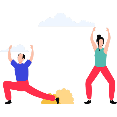 Girl teaching exercise to old man  Illustration