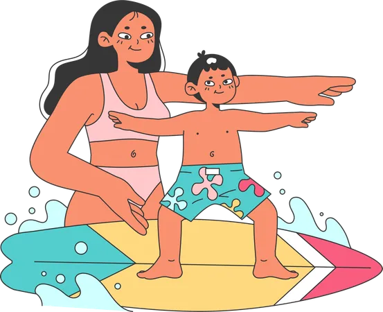 Girl teaching surfing to kid  イラスト