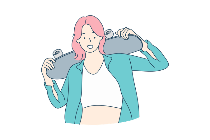 Girl teenager stands with skateboard looks straight at camera  Illustration