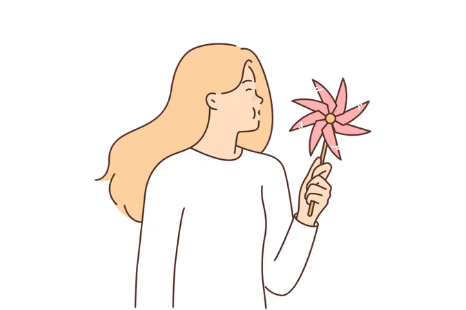Girl With Paper Pinwheel In Hands Blows On Toy Spinning In Wind Child Toy In Hand Of Woman In White Casual T Shirt Using Pinwheel To Relieve Stress Or Distract Herself After Hard Day Illustration