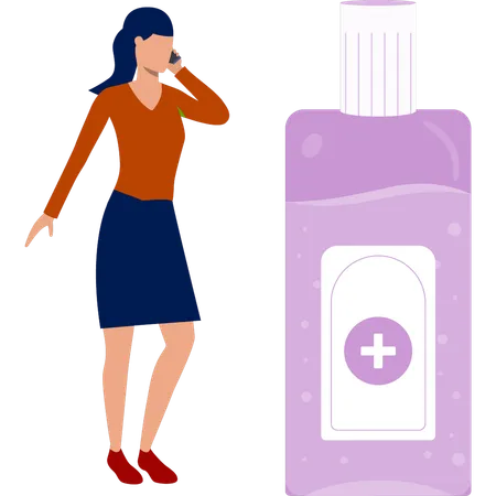 Girl telling about antibacterial spray on call  Illustration
