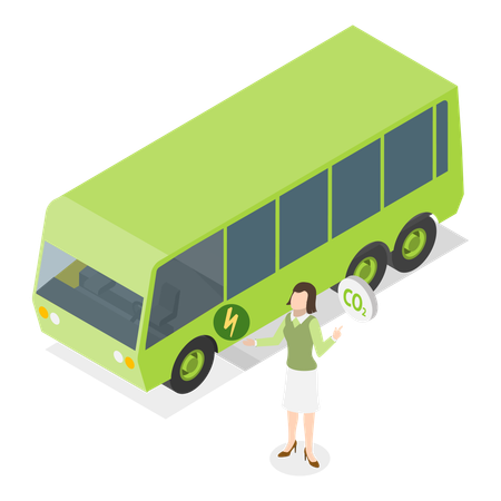 Girl telling about electric bus to do sustainable development  Illustration